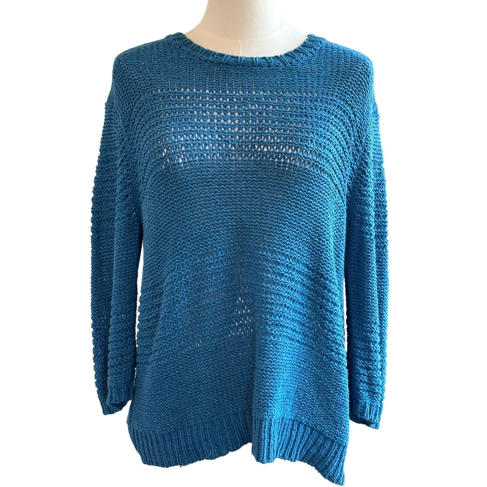 Margaret O'Leary Blue Open Knit Cotton Sweater Medium Coastal Luxury